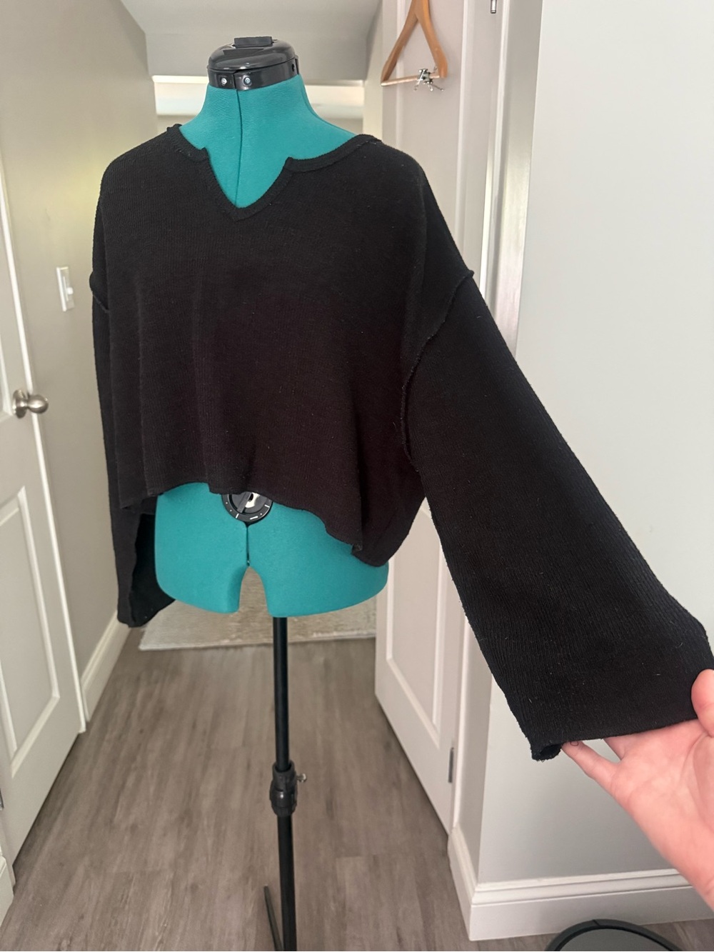 Urban Outfitters Black Cropped V-Neck Sweater Reverse Stitch Bell Sleeve Goth